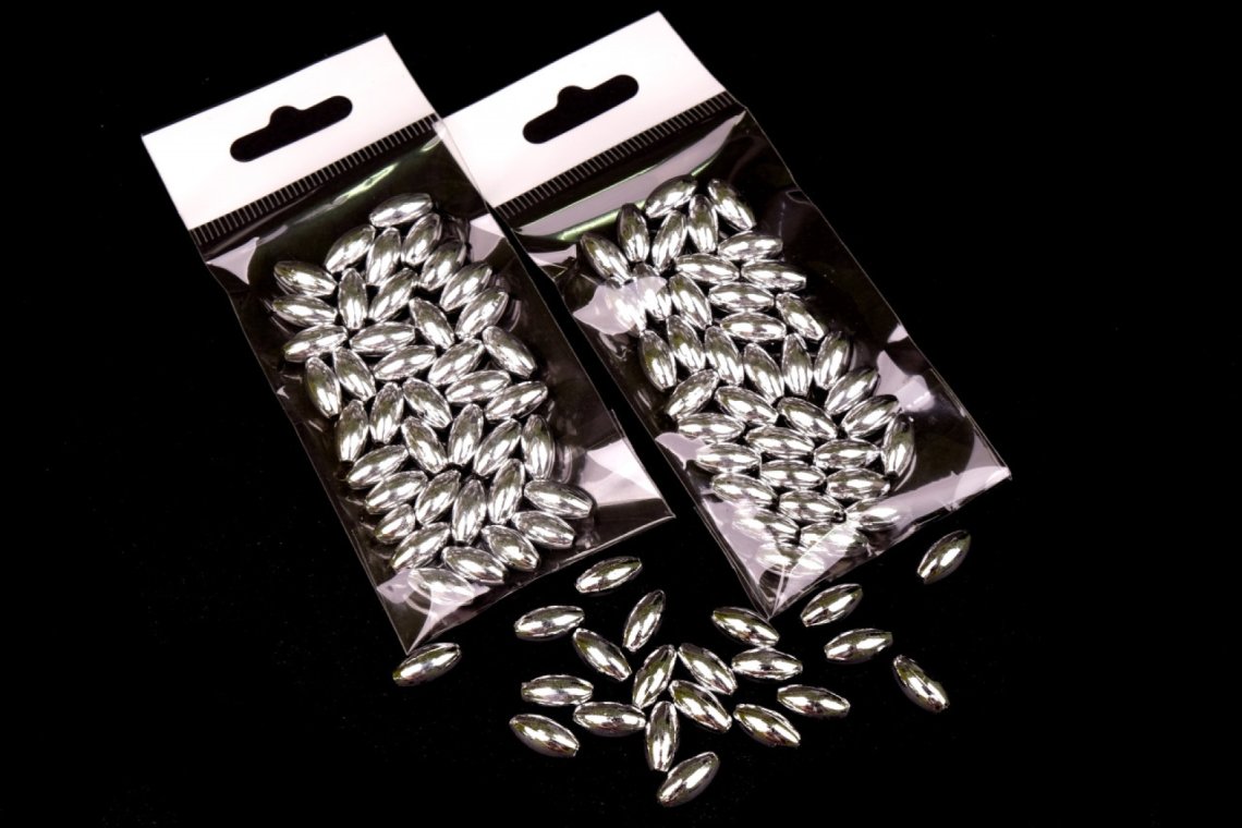 Korálky plastové stříbrné ovál vel.12mm balení 10g