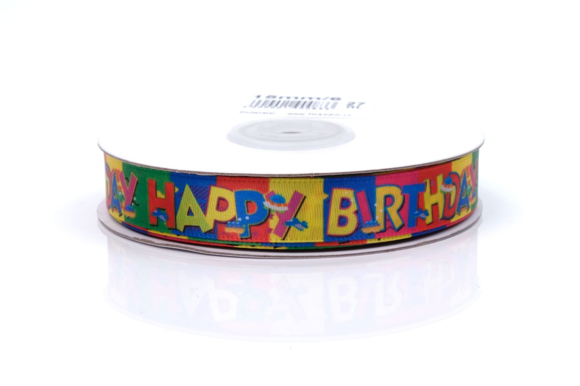 Stuha atlasová šíře 15mm HAPPY BIRTHDAY duha