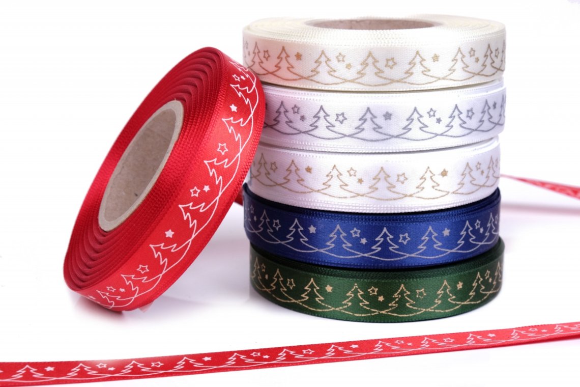 Stuha atlasová oboulící šíře 15mm vanoční stromky