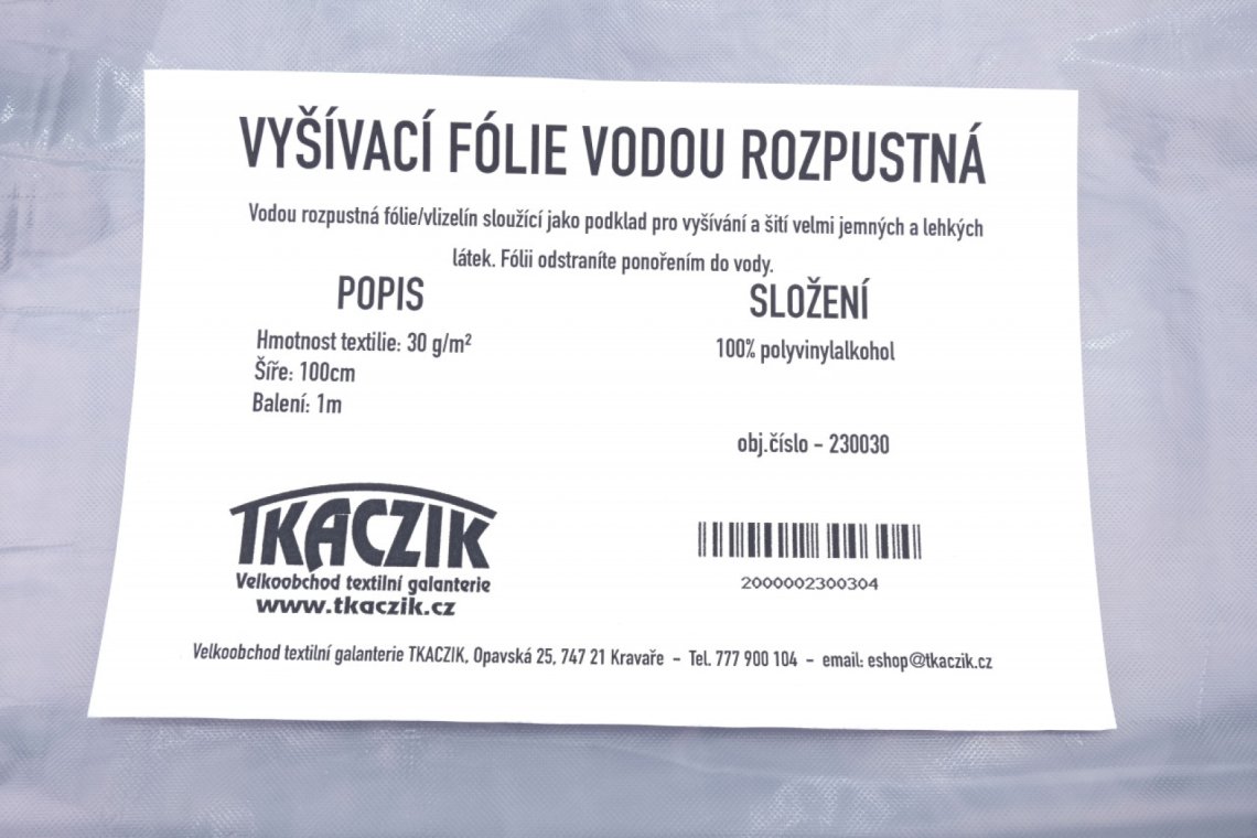 Fólie vodou rozpustná 30g/m rozměr 100x100cm