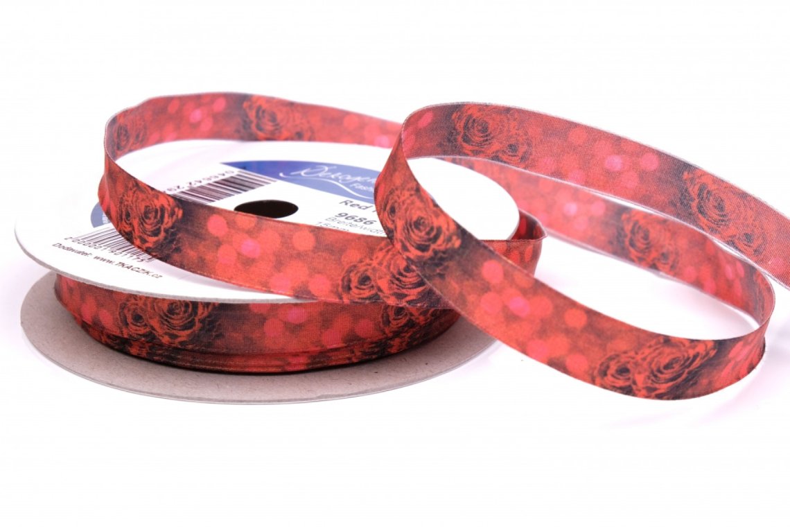 Stuha s drátkem 9686 šíře 15mm červené růže