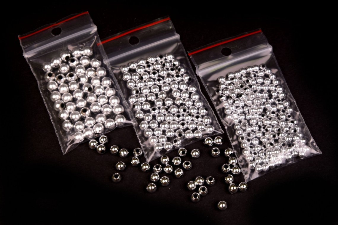 Korálky plastové stříbrné kulaté mix vel.3,4,5mm balení 5g