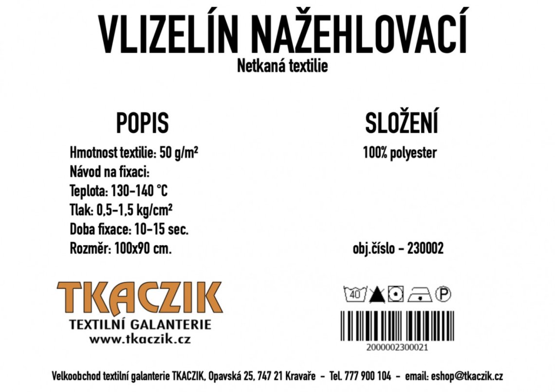 Vlizelín nažehlovací 50g/m rozměr 100x90cm