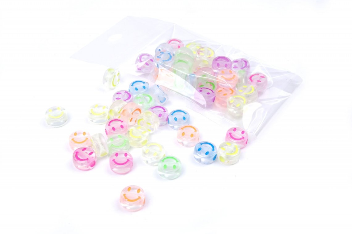 Korálky ozdobné 783 smajlíci mix průhlední vel. 9mm balení 10g