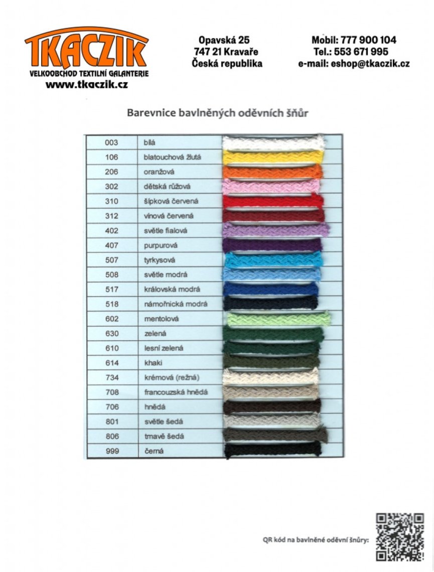 Barevnice oděvní šnůra BAVLNA